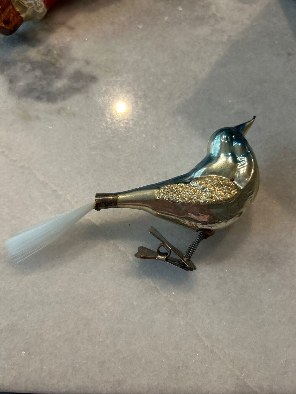 Vintage Glass Clip On Bird Christmas Ornament Spun Glass Tail Blue Gold Glitter